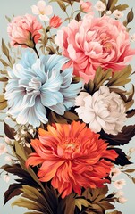 Flower and plant. Floral classic seamless print in shabby chic style. Flowers vector illustration: peony, rose, aster, leaves and plants for background, pattern and wallpaper. Generative AI.