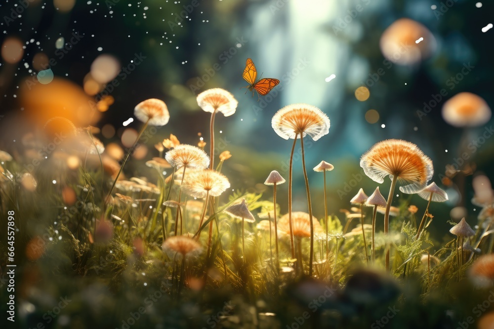 Poster a group of mushrooms in a field with a butterfly flying over them. generative ai