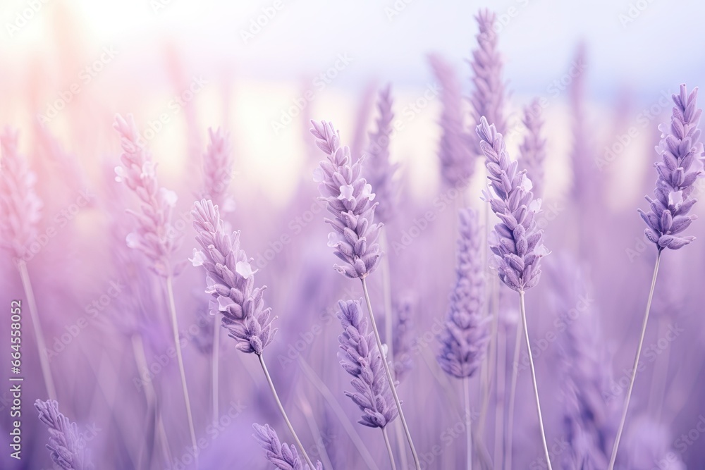 Poster  a field of lavender flowers with the sun shining through them.  generative ai