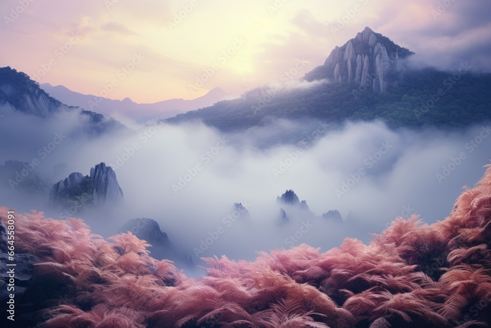 Poster a view of a mountain range covered in fog and clouds. generative ai