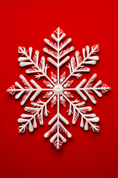 Snowflake on red background with white snow flakes.