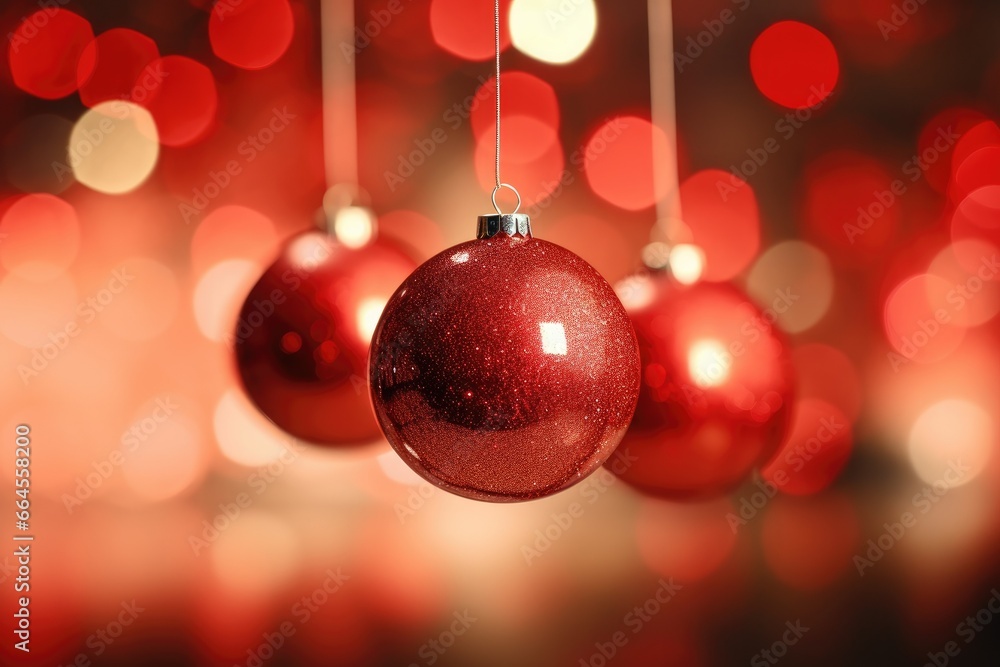 Poster a red christmas ornament hanging from a string with lights in the background. generative ai