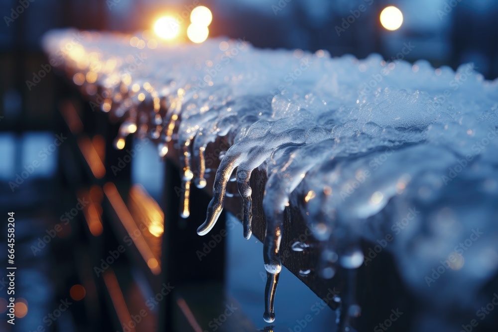 Poster a row of ice covered benches with lights in the background. generative ai