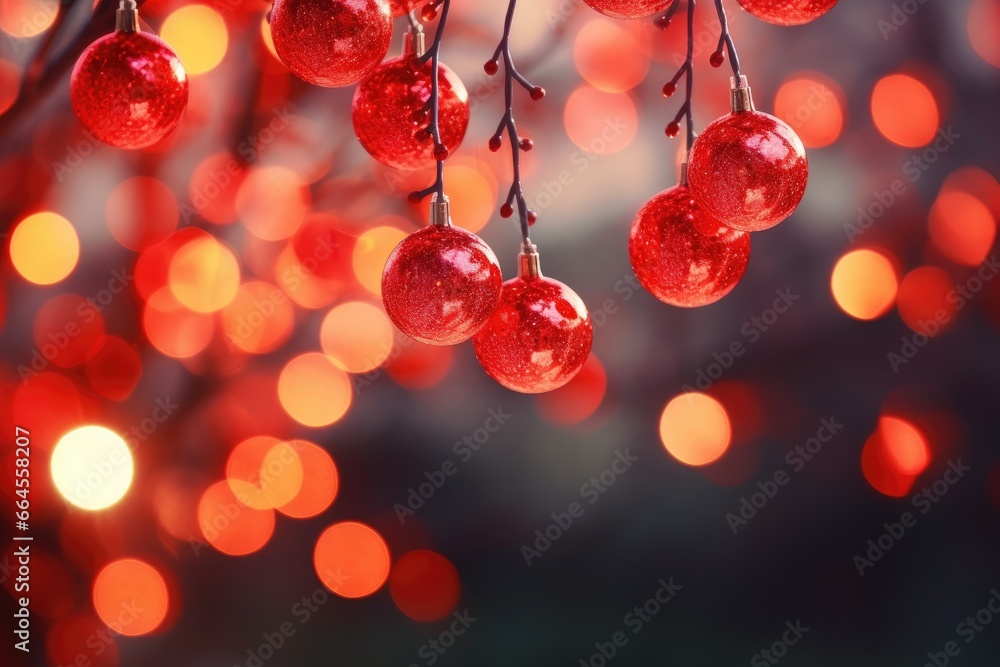 Poster a bunch of red berries hanging from a tree with lights in the background. generative ai