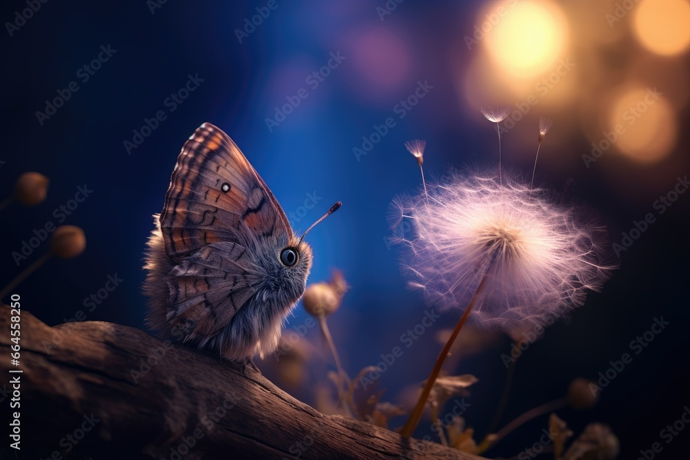 Poster a butterfly sitting on a branch with a dandelion. generative ai