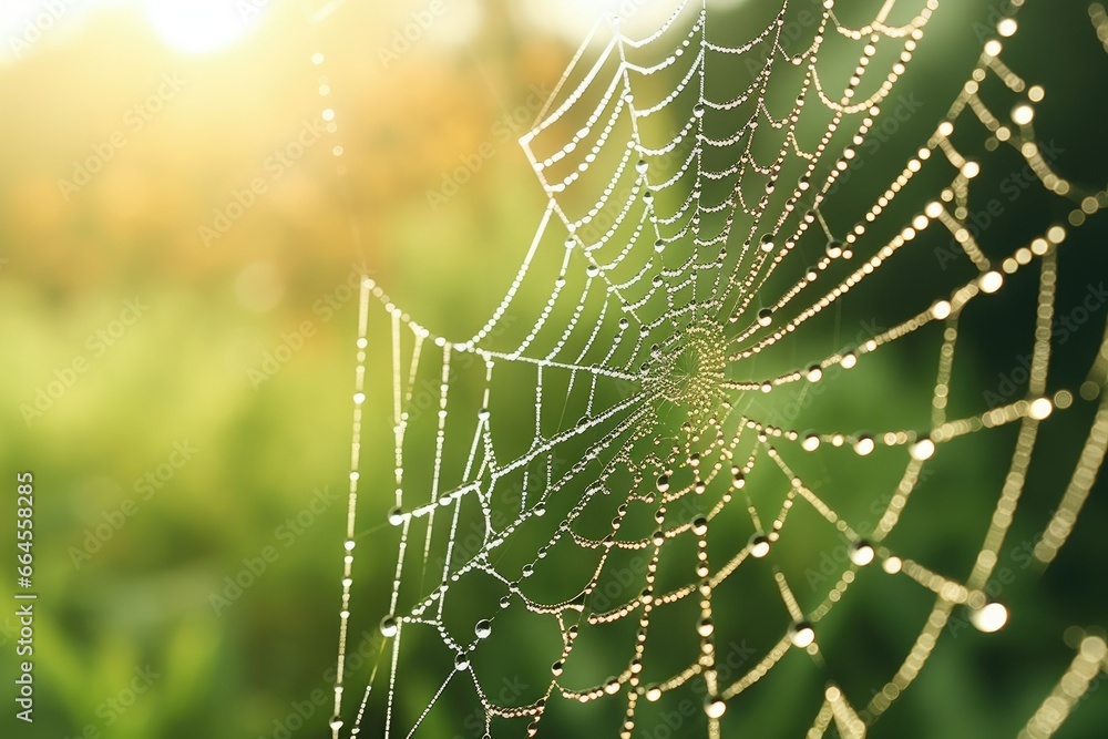 Poster a spider web covered in water droplets in a forest setting. generative ai