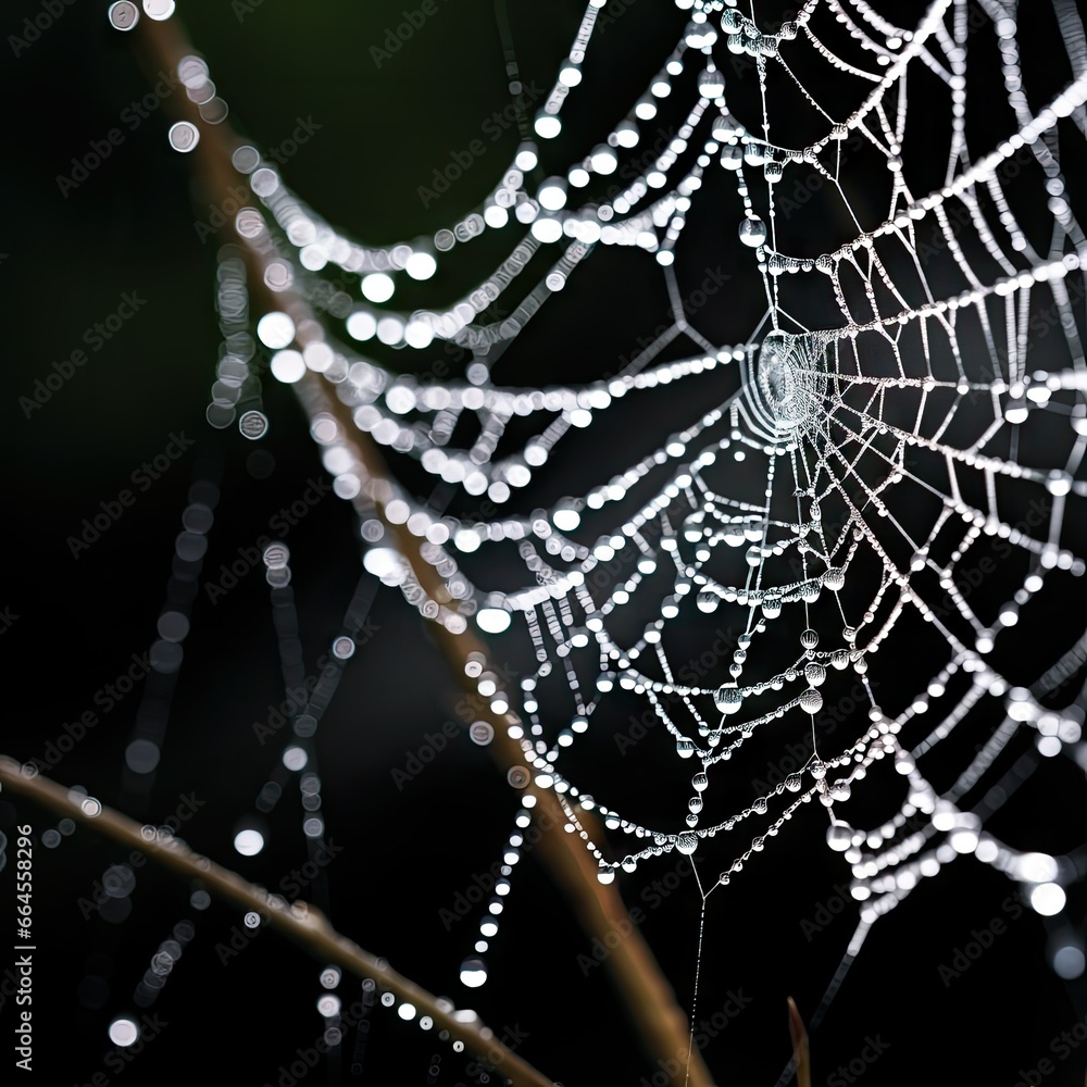 Poster a spider web covered in water droplets on a tree branch. generative ai