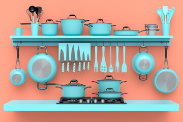 Set of kitchen utensil, stewpot, frying pan and chrome cookware hanging on shelf - obrazy, fototapety, plakaty