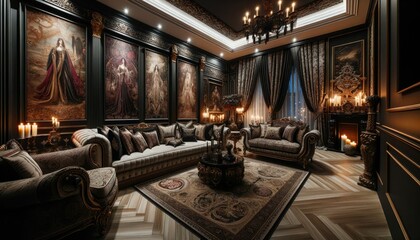 Modern gothic-inspired living room. The furniture is plush and adorned with intricate designs, while the walls are decorated with rich tapestries and artwork. Ambient lighting sets 