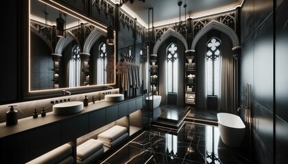 Luxurious bathroom reflecting modern gothic design. The space is dominated by deep tones, with standout features like a modern floating vanity, decorative gothic windows.
