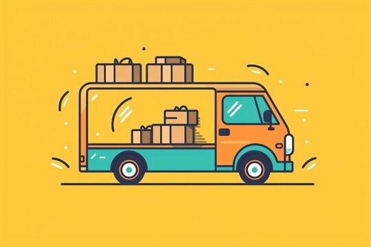 Delivery Van. Camping trailer line icon, vector illustration. Flat design style. Delivery truck with boxes. Vector illustration in flat style. Delivery service concept.