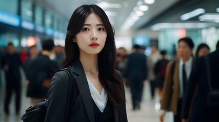 Beautiful Japanese entrepreneur standing in front angle  wearing business clothing
