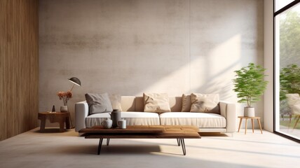 Modern Living: A 3D Home Layout with Sleek Concrete Walls, Stylish Sofa, and Chic Coffee Table for a Contemporary Interior Design