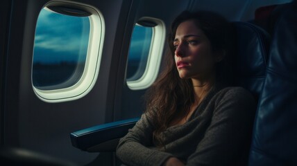 Nervous Girl with Aerophobia Looking Out of Airplane Window During International Flight