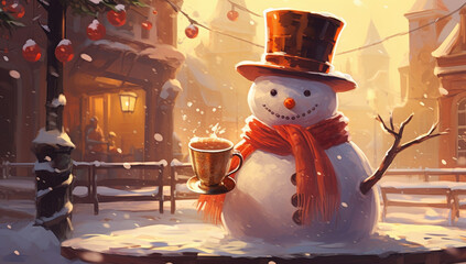 muñeco de nieve con sombrero y bufanda naranja sosteniendo una taza en su mano, sobre calle con edificios nevada - obrazy, fototapety, plakaty