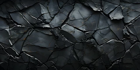 Keuken spatwand met foto cracked black stone surface texture background © Hamsyfr