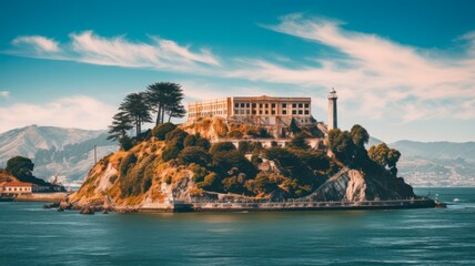Panoramic view of Alcatraz Island featuring iconic prison and stunning views of San Francisco bay - obrazy, fototapety, plakaty