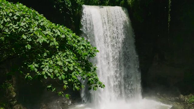 Slow motion view of water cascades of Hikong Alo Falls. Lake Sebu. Mindanao, Philippines.