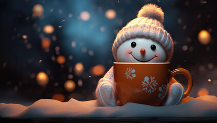 muñeco de nieve con gorro de lana agarrando una taza de color naranja decorada con copos de nieve, sobre fondo desenfocado - obrazy, fototapety, plakaty