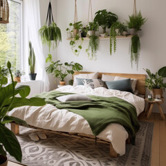 Skandinavisches Interieur für ein Schlafzimmer mit Grünpflanzen und schöner Dekoration