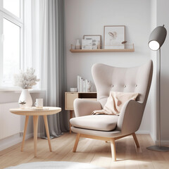 Stilvolle skandinavische Komposition des Wohnzimmers mit einem hellen Design-Sessel im minimalistischen Stil