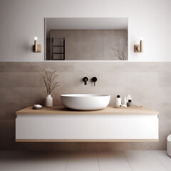 Wandwaschtisch mit Aufsatzwaschbecken aus weißer Keramik. Innenarchitektur eines modernen skandinavischen Badezimmers