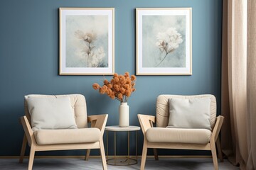 Two poster frames in modern interior with blue room, beige chair, blue plaster wall, decoration, flowers. Generative AI