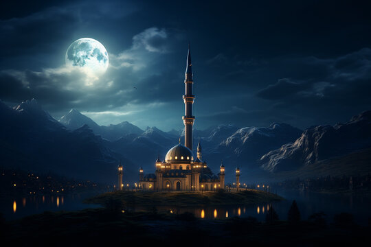 Beautiful mosque on the background of the moon. 3d rendering