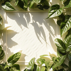 Framing border with tropical leaves arrangement and leave shadow on white background backdrop and copy space.