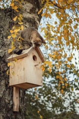 Photo of a kitten on a birdhouse in autumn.