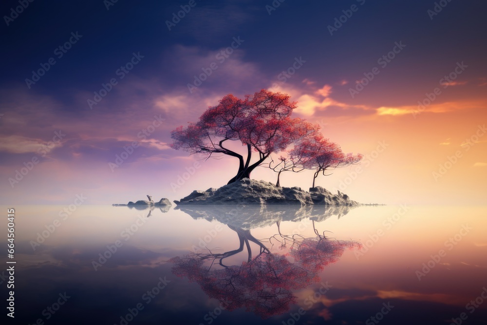 Poster a small island with a lone tree in the middle of it. generative ai
