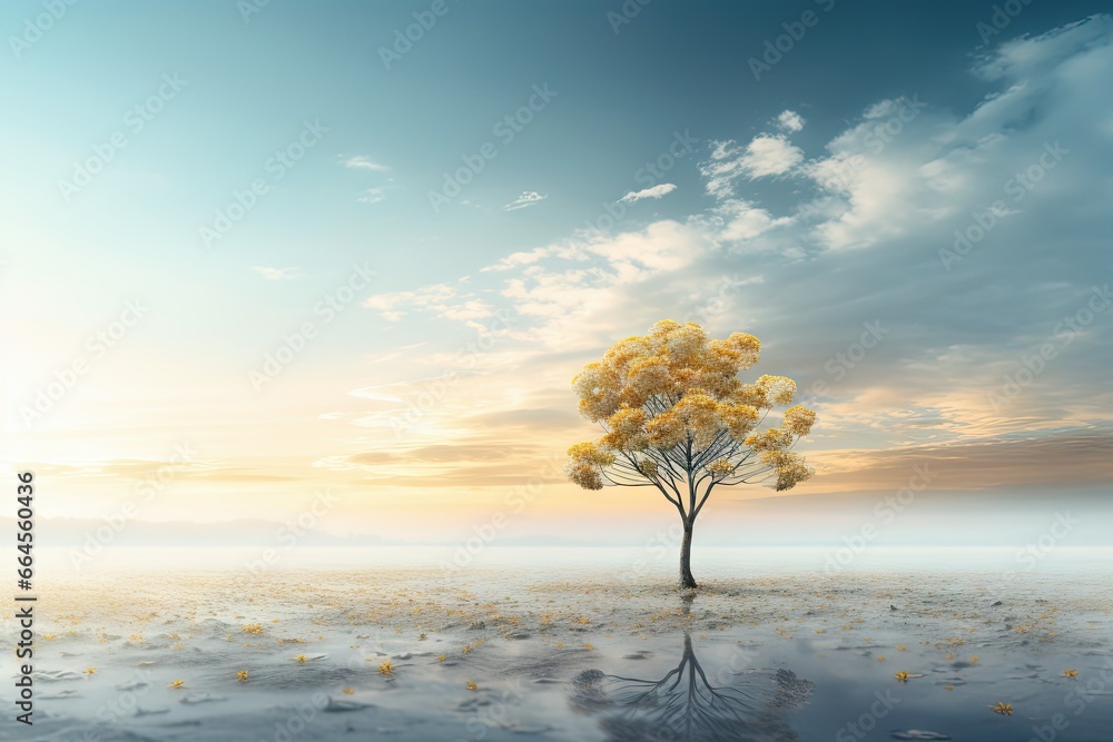 Poster a tree with yellow flowers in the middle of a field. generative ai