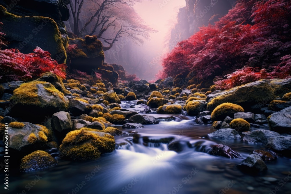 Poster a stream running through a lush green forest filled with rocks. generative ai