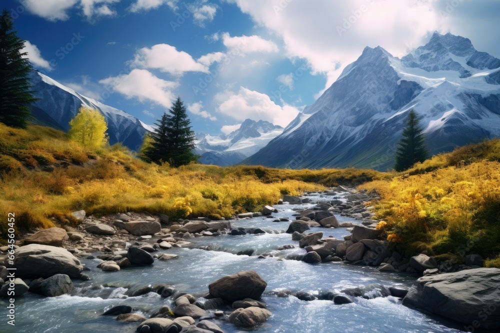 Poster a stream running through a lush green field next to a mountain. generative ai