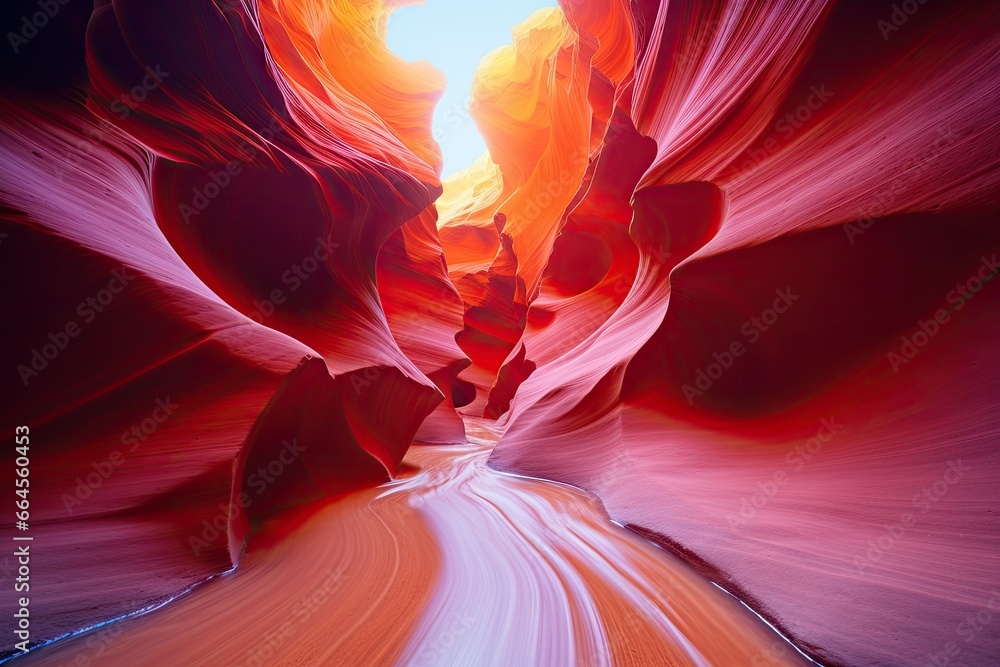 Poster a long narrow canyon with a river running between it and a road going through it. generative ai