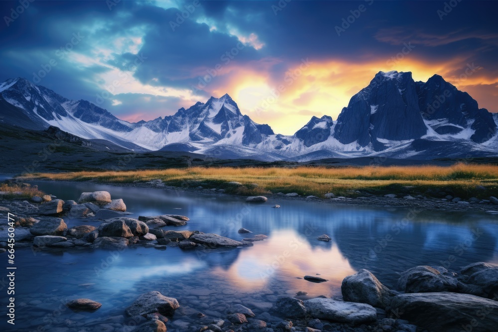 Poster a mountain range is reflected in the water of a stream. generative ai