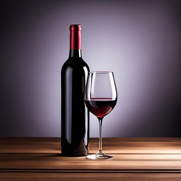A Glass Of Fine Red Wine - Presented Elegantly Isolated Together With A Wine Bottle