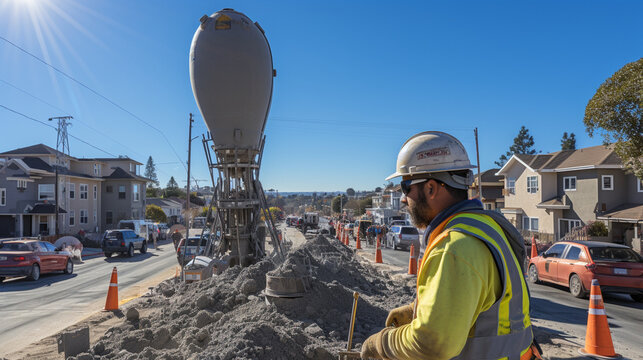 A wide-angle view of a construction worker pouring concrete for a foundation, with cement mixer trucks in the background