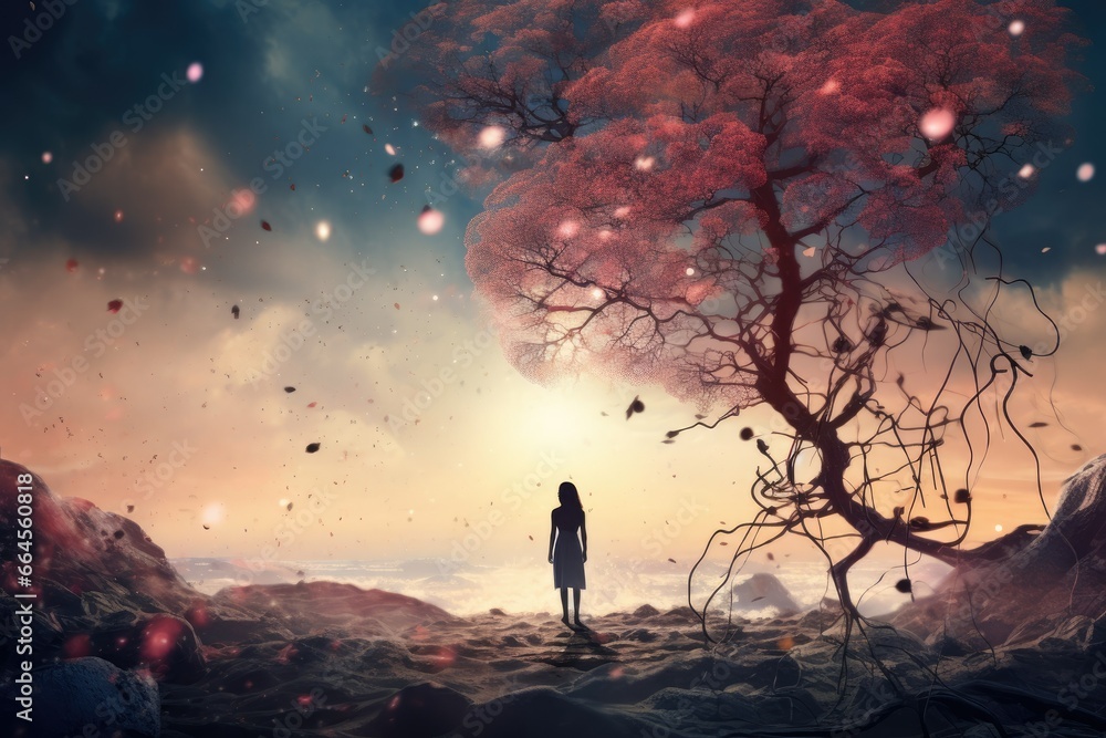 Poster a person standing in front of a tree with a red substance on it. generative ai