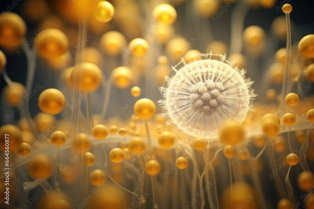 Poster a close up of a dandelion with yellow balls. generative ai