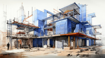 An artistic interpretation of architectural blueprints overlaid on a construction site's progress, illustrating the vision and reality
