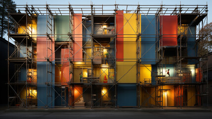 An artful composition of construction scaffolding creating intricate patterns and shapes on a building's exterior