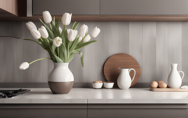Modern kitchen with stylish gray and brown interior design with appliance, close shot white tulips in vase.