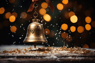A close-up of a gold bell with a ribbon hanging against a dark, blurred, holiday glow background with bokeh lights and snow, at night.