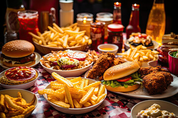 Fototapeta premium Delivery fast food or junk food for Dinner party, table full of delicious meal including french fries, fried chicken, burgers, and drinks, unhealthy food concept.