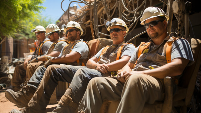 A reflective image of construction workers resting in the shade during a hot day's work, showcasing the importance of breaks and well-being