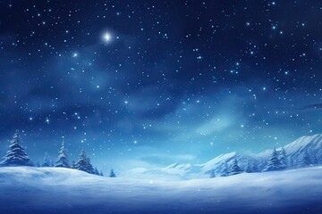 Background with snowy scenes and night sky, snow-covered trees.