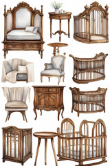 Set of baby furniture isolated on white; scandinavian style, natural materials furniture, minimalism, watercolor illustration.