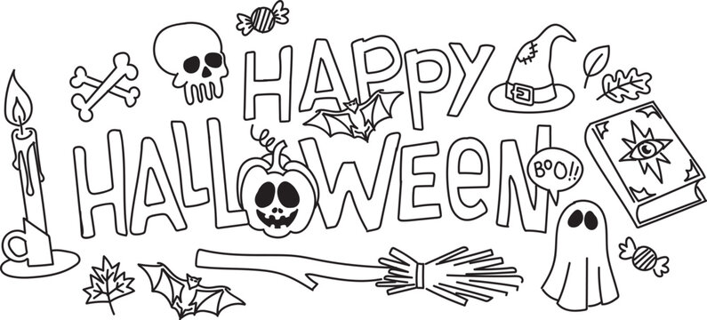 Doodle lettering happy Halloween. Coloring board for kids. Doodle for kids.Vector illustrations isolated on a white background.