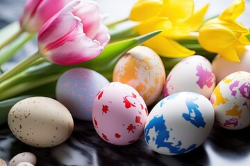 Vibrant Easter Celebration with Colorful Eggs and Tulips